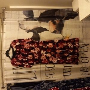 Plus Size 18 Short Sleeve Empire Waist Dress. Black/Burgundy/Mauve floral print.